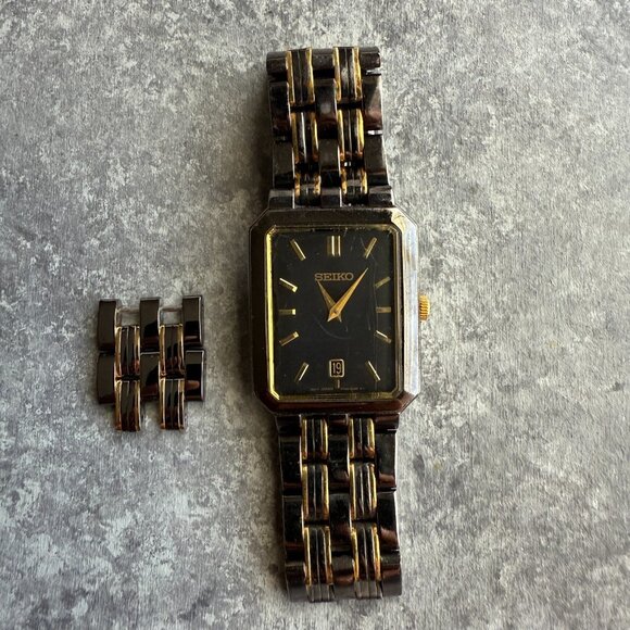 Seiko Accessories - Vintage Seiko Watch Two Tone Black Dial Date Rectangle V739-5B19 *Needs Battery*
